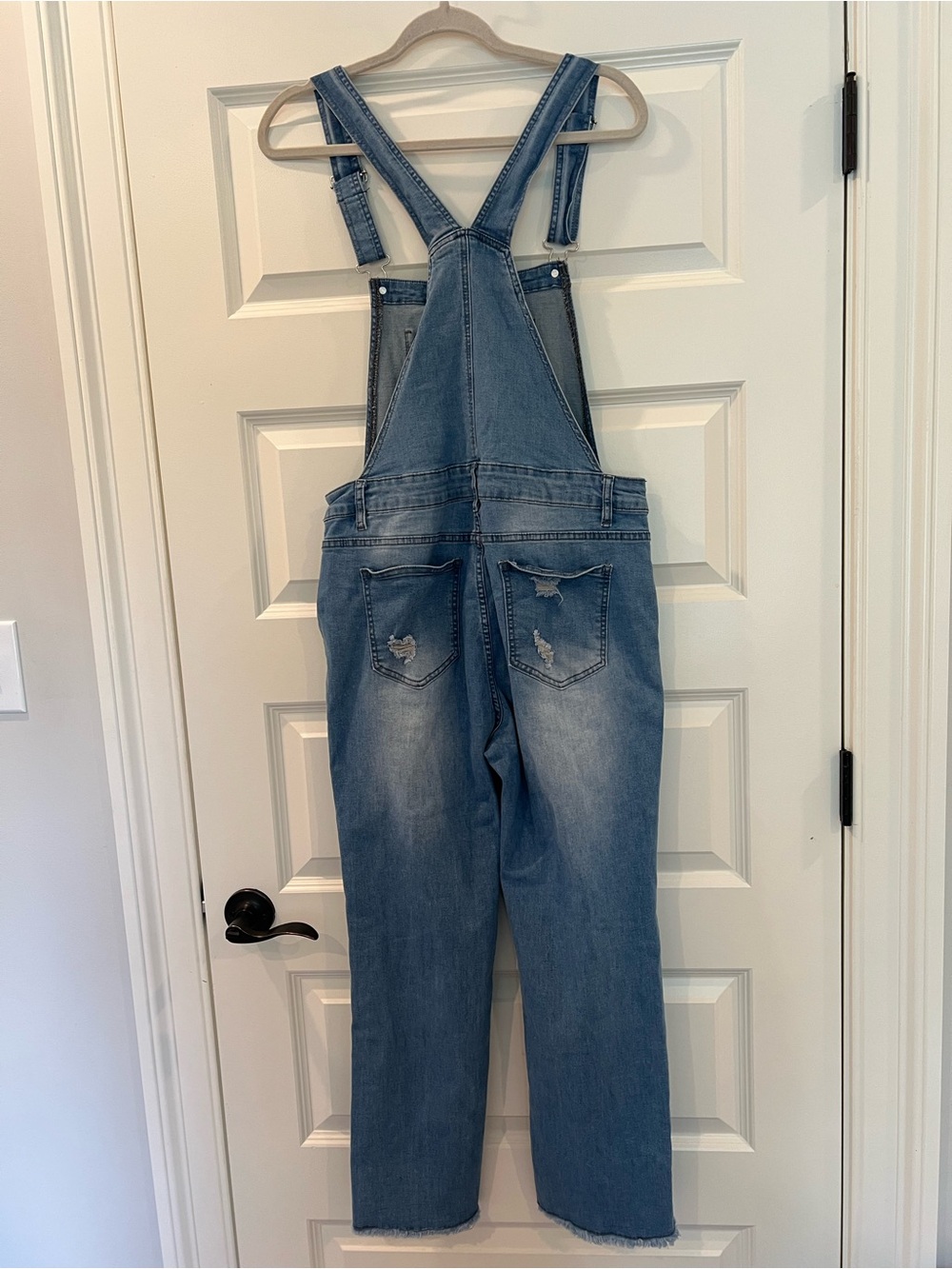 Distressed Denim Overalls Size L Stretch Raw Hem Cropped Straight Leg - Picture 10 of 10